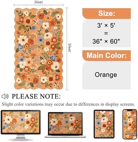 DUKINO 3x5 Area Rugs, Non Slip Floral Washable Rug for Bedroom, Orange - Image 2
