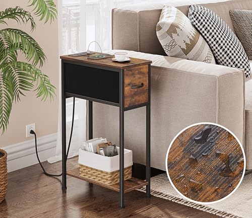 Vagusicc End Table with Charging Station, Narrow Side Table Nightstand with Fabric Drawer, Slim Nightstand for Bedroom, Small Bedside Table, Slim Sofa Side Table for Small Spaces, Rustic Brown - Image 6