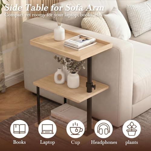 Faesun C Table End Table Adjustable Height, 360°Swivel TV Tray Table for Small Spaces, Small Nightstand for Living Room, Bedroom, Oak - Image 4