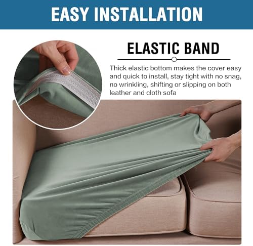 H.VERSAILTEX Velvet Stretch Couch Cushion Cover Plush Cushion Slipcover for Loveseat Cushion Furniture Protector Seat Cushion Sofa Cover (2 Piece Medium Sofa Cushion Covers, Sea Grass) - Image 4