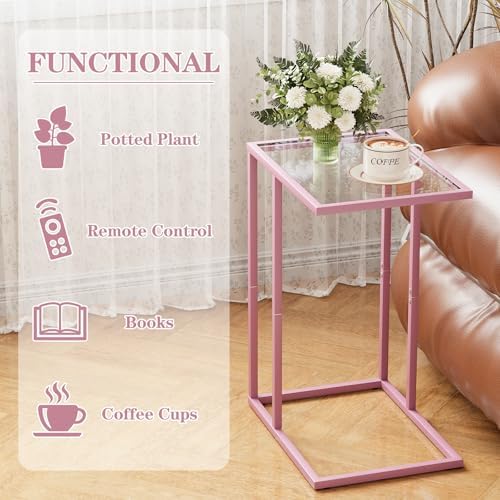 C Shaped End Table, Side End Tables for Living Room,Glass Sofa Couch Table with Metal Frame, Small Tv Tray Snack Dinner Table for Bedroom, Small Spaces, Easy Assembly (Pink) - Image 4