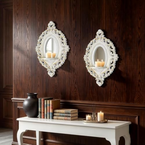 2 Set Vintage Candle Wall Sconce for Home Decor Living Room Bedroom Office Wood Antique Mirrored Victorian Mounted Candlestick Wall Holder Relief Hanging Decor -White 11.8in by sxnzequnze