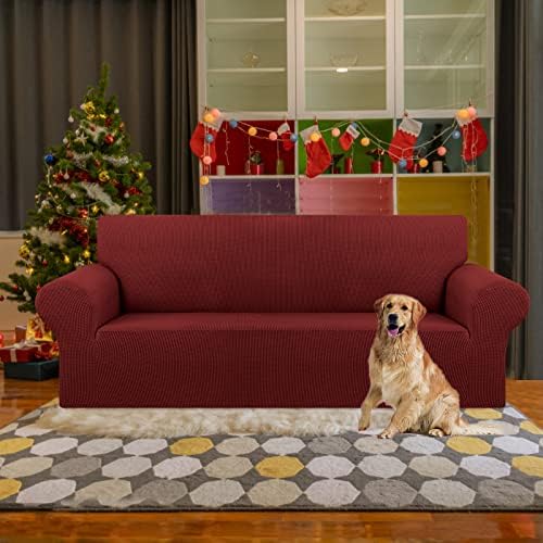 KEKUOU Stretch Couch Covers for Sofa, 3 Cushion Couch Slipcover,Dark Red - Image 2