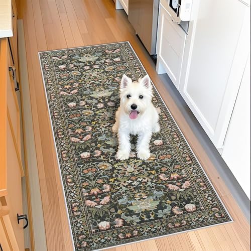 Hallway 2x5 Washable Runner Rug: Oriental Floral Stain Resistant Rug for Entryway Kitchen Farmhouse Soft Carpet for Bathroom Bedroom Thin Laudry Living Room Floor Mat with Non Slip Backing(2x5,Green) by HYHAOYUNLAI