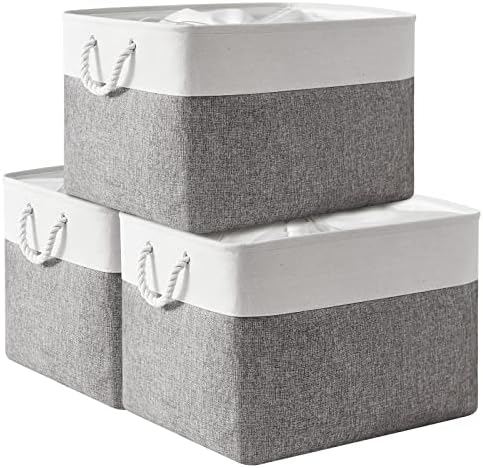 TheWarmHome Storage Bins Baskets for Organizing, 20.5L×15.7W×13.8H 3 Pack Sturdy Fabric Storage Basket W/Handles, Decorative Foldable Storage Baskets for Shelves Closet Nursery Toy (White & Grey) by TheWarmHome