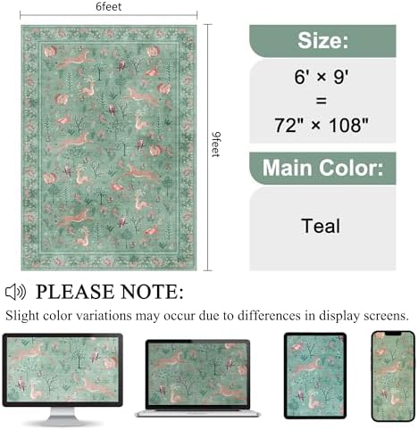 DUKINO 6x9 Area Rug, Washable Animal Living Room Rug Non Slip, Teal - Image 2