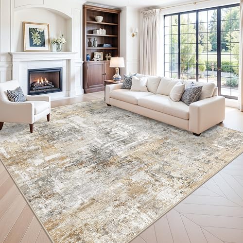 12x12ft Square Living Room Rug – Non-Slip Washable Extra Large Floor Carpet for Bedroom, Dining Room, Playroom Room – Modern Abstract Neutral Thin Low-Pile Big Indoor Rug (Gold Grey) by ZHXXUJ