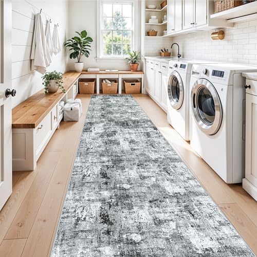 3x12 ft Long Hallway Runner Rug - Non-Slip Washable Kitchen Rug with Rubber Backing,Modern Abstract Neutral Thin Low Pile Floor Carpet Runner for Entryway,Bedroom,Living Room（Grey） - Image 3