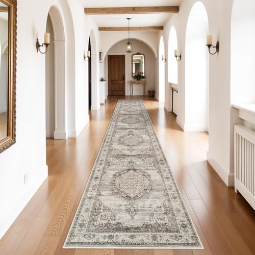 Washable Hallway Runner Rugs 3x20: Soft Ultra Thin Low Pile Carpet Machine Washable Indoor Lightweight Rug Runner Anti Slip Backing Rugs for Living Room Bedroom Kitchen 3'x20' Beige by YOUFORTONG