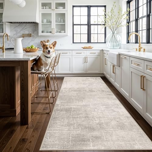 Hallway 4x10 Washable Runner Rug:Stain Resistant Abstract Rug for Kitchen Entryway Farmhouse Soft Carpet for Bathroom Bedroom Thin Laudry Living Room Floor Mat with Non Slip Backing(4x10,Beige/Cream) by HYHAOYUNLAI