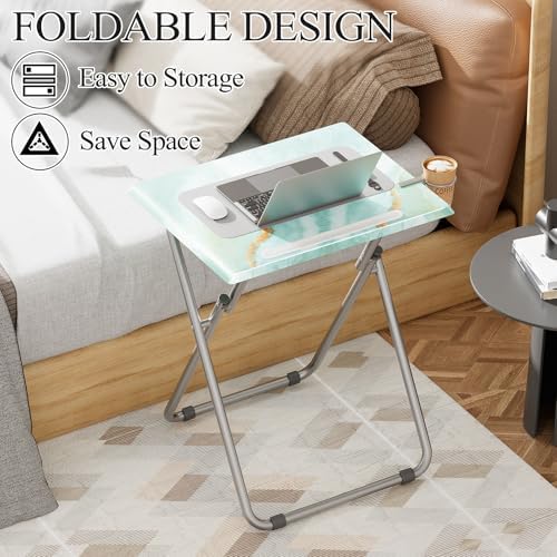 TV Trays Table Set of 2 Portable Folding TV Tray Table TV Dinner Tray with Sturdy MDF, Small Folding Tables with Phone & Tablet Slot, No Assembly Required, 15 x 18.9 x 25.6 in (Sea Blue Marble, 2Pcs) - Image 5