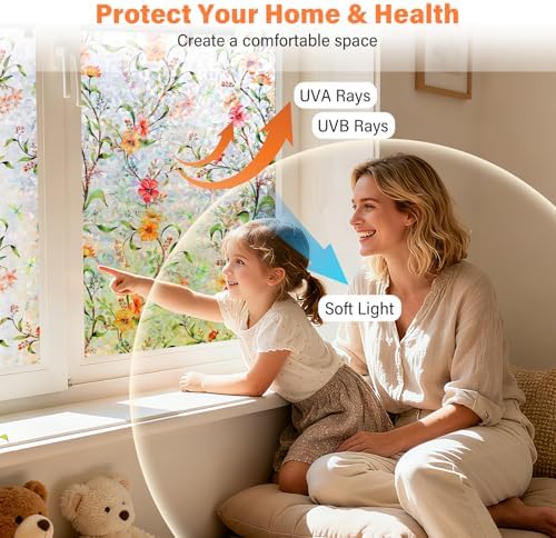 Finnez Stained Glass Window Film, Decorative Floral Rainbow, 29.5″ x 78.7″ - Image 3