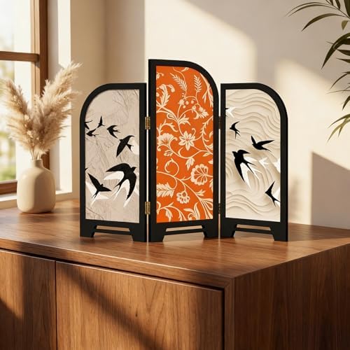 3-Panel Desktop Folding Screen, Swallow and Flower,Desk Partition - Image 4