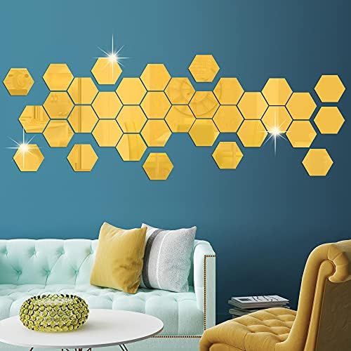 RW-103 36 Pcs Acrylic Hexagon Mirror Decals DIY Removable 3D Geometric Mirror Art Setting Wall Decor for Bedroom, Living Room, Office, Kitchen & Home (Gold) - Image 6