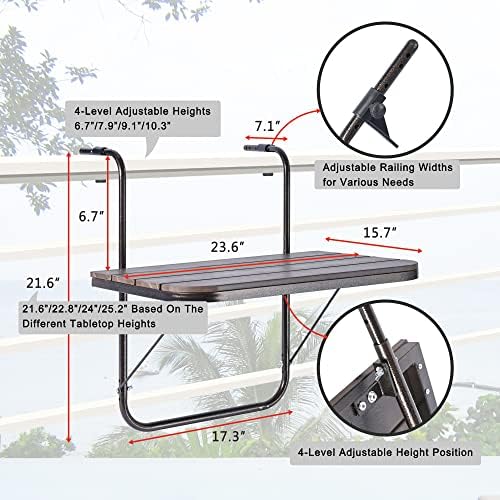 Balcony Railing Table Outdoor Hanging Folding Brown Aluminium Metal Side Table Adjustable 23.6"L x 15.7"W - Image 2