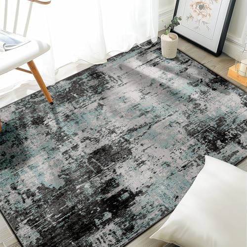 RELEANY Washable 4'x6' Abstract Area Rug for Living Room Teal Black by RELEANY