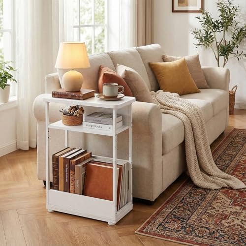 Narrow Side Table,3-Tier Slim End Table with Storage Shelf,Modern Sofa Table Thin Side Table for Narrow and Small Spaces, Skinny Bedside Table Small Nightstand with Magazine Rack Space Saving/White - Image 6