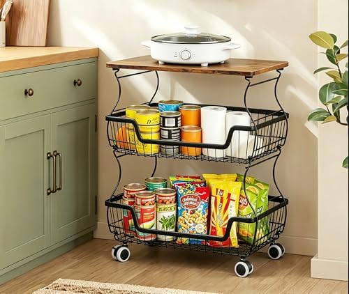 Pantry Floor Organizeron with Wheels, 3 Tier Rolling Fruit Vegetable Basket for Kitchen Stackable Wire Basket Stand for Home Removable Metal Vegetable Rack Wire Snack Cart by FoldingFurniture