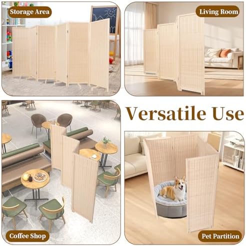 Bamboo Room Divider 6 Panel 47" H, 360°Rotating Feet Privacy Screen,Beige - Image 7