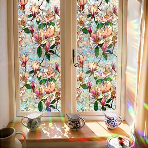 Retro Flowers Window Privacy Film, Magnolia Stained Glass Decorative Window Film for Glass, Rainbow Stained Window Cling Sticker Floral Removable Static Cling for Window (1, Magnolia, 17x78.7in) by Unknown