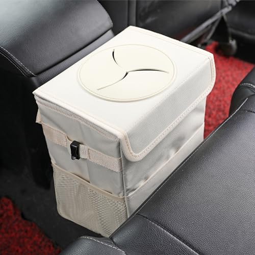 AOKJOY Car Garbage can with lid Leak Proof Vehicle Trash Can 3 Storage Pockets Hanging Waterproof car Trash Bag for SUV Beige - Image 4