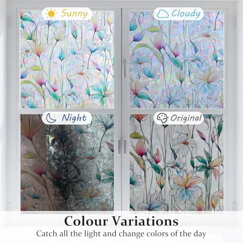 Donox Decorative Window Privacy Film, 3D Floral Stained Glass Window Film Static Cling Rainbow Privacy Sticker for Glass Door Heat Control Anti UV, No Adhesive (Magnolia,17.5 x 78.7 inches) - Image 6