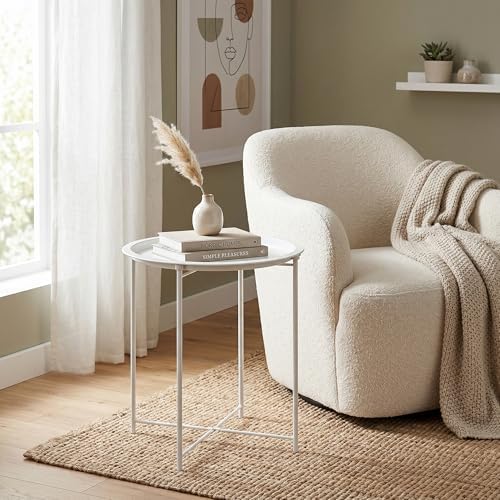 VECELO Side/End Table, Folding Round Metal Anti-Rust and Waterproof Outdoor or Indoor Tray for Living Room Bedroom Balcony and Office, 1 PCS, Beige - Image 2