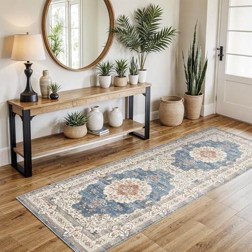 2x5 Runner Rug Washable Vintage: Non Slip Long Kitchen Runners Blue/Beige - Image 2