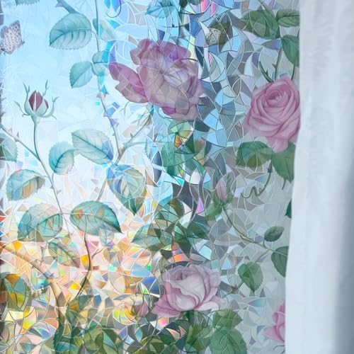 Pink Rose Stained Glass Rainbow Window Film Static Cling Tint 35x78.7in - Image 3