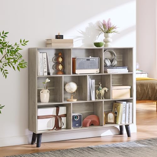 LEYAOYAO 10 Cube Bookshelf,Mid-Century Modern Bookcase with Legs,Retro Grey - Image 6
