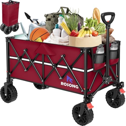 ROSONG Collapsible Wagon Cart with Wheels Foldable - Folding Utility Heavy Duty Wagons Carts for Grocery Sports Garden Shopping Camping Wheelbarrows (Burgundy, 150L) by ROSONG