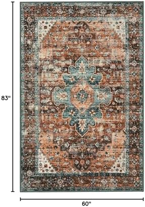 Moynesa Ultra-Thin Washable Vintage Area Rug - 5x7 Large Boho Non-Slip Rug for Bedroom Living Room Oriental Medallion Non-Shedding Print Floor Carpet for Dining Room Home, Brick Red/Dull Teal - Image 2