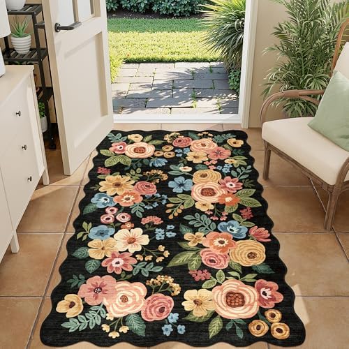 DUKINO 3x5 Area Rugs, Non Slip Floral Washable Rug for Bedroom, Black by DUKINO