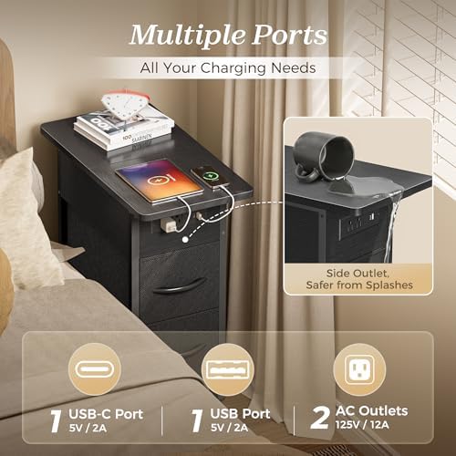 Huuger Narrow End Table with Charging Station, Side Table with 2 Drawers - Image 5