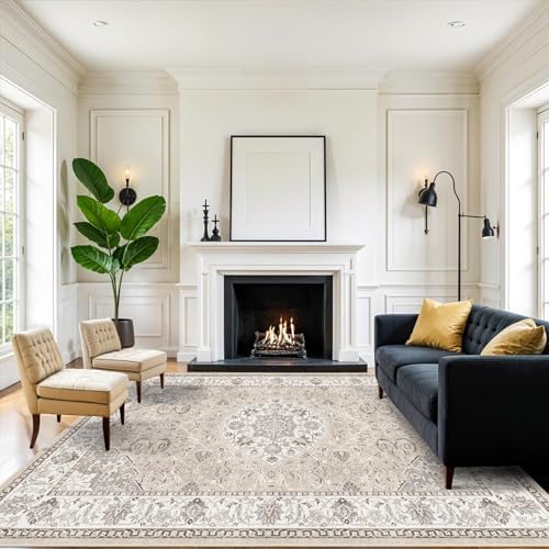 Living Room 8ft Square Area Rug: Machine Washable Large Vintage Soft Rug Stain Resistant Non Slip Floor Carpet for Bedroom Playroom Indoor Farmhouse Home Decor Mat for Office Dining Room(8x8,Beige) by HYHAOYUNLAI