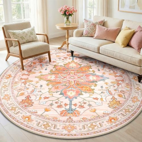 RELEANY Washable Area Rug, Round 6ft, Pink/Light Pink/Colorful by RELEANY