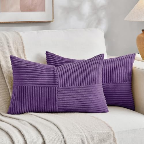 Fancy Homi Set of 2, Purple Patchwork Corduroy Decorative Soft Striped Modern Accent Cushion Case Farmhouse Boho Neutral Throw Pillow Covers for Chair Couch Bed Sofa Living Room 32x16 Inch by Fancy+Homi