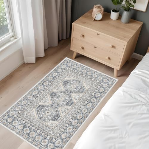 2x3 Area Rug Washable Vintage: Non Slip Throw Rugs for Entryway Floor Blue - Image 2