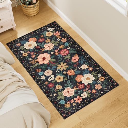 DUKINO 2x4 Entryway Rug, Floral Washable Kitchen Rugs Non Slip, Black - Image 3