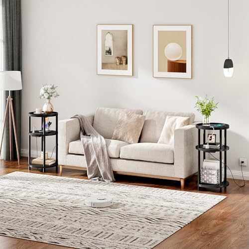 HOOBRO Small Round Side Table with Charging Station, 3-Tier Round Bamboo End Table, Compact Sofa Bedside Table for Small Space, Easy Assembly, for Living Room, Bedroom, Apartment, Black BB152UBZ01 - Image 2