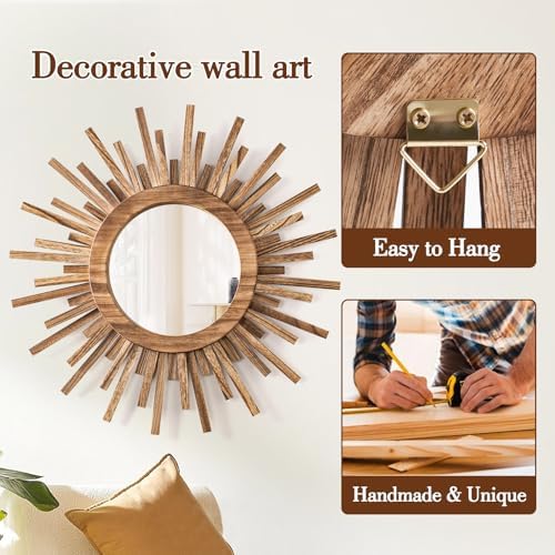 24 Inch Boho Sunburst Mirror, Round Wooden Wall Decor Starburst Sun Mirror for Bedroom, Living Room, Bathroom, Hallway, Balcony, Farmhouse Entryway, Housewarming Gift（Rustic Brown - Image 4