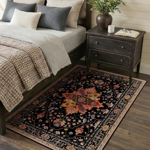 RELEANY Washable Area Rug, 3'x5', Black/Colorful by RELEANY