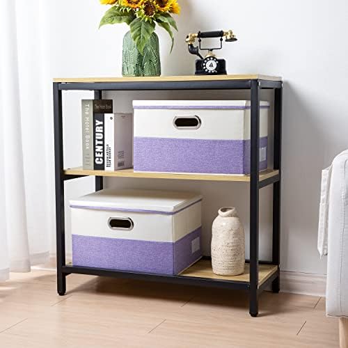 PRANDOM Large Foldable Storage Bins with Lids [3-Pack] linen Fabric Decorative Storage Boxes Organizer Containers Baskets Cube with Handles Divider for Bedroom Closet Purple&Cream(17.7x11.8x11.8) - Image 2