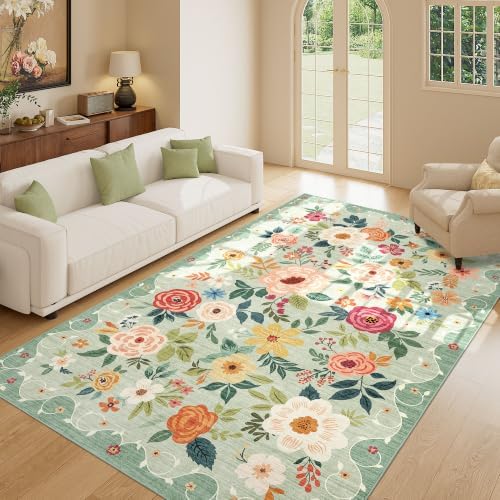 DUKINO 5x8 Area Rug for Bedroom, Floral Washable Rug Non Slip, Green - Image 3