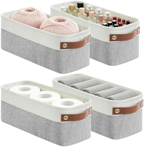 Bagnizer Small Fabric Storage Baskets, 15x6x5 inch Narrow Storage Bins 4-Pack Long Storage Basket for Organizing with Handles, Decorative Basket for Closets, Shelves, Toilet Paper, Grey by Bagnizer