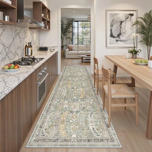 Madane Kitchen Runner 2'6''x8' Soft Rug Runners for Hallways, Green/Gold - Image 2