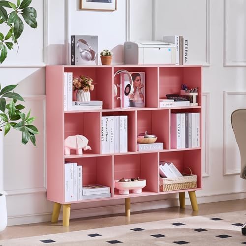 LEYAOYAO 10 Cube Bookshelf,Mid-Century Modern Bookcase with Legs,Light Pink by LEYAOYAO-Findtheshiningpointofyourideallife%EF%BC%81