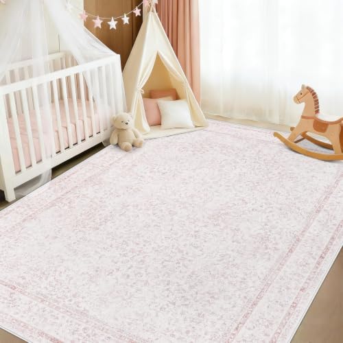 6x9 Area Rugs for Living Room: Washable Vintage Floral Rug Low Pile Non-Slip Boho Carpet for Nursery Bedroom Dining Room (Pink, 6'x9') by LOSBULAKE