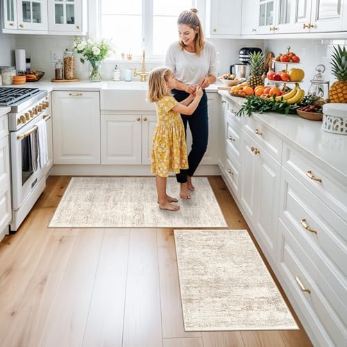 Kitchen Rugs Sets of 2, Washable Non-Slip Kitchen Mats for Floor, Stain Resistant Kitchen Runner Rugs for Kitchen Sink Laundry Entryway (Cream Beige, 2x3+2x4) - Image 3