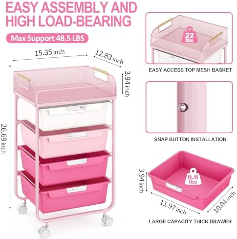 SYKIARIOL 4-Drawer Rolling Storage Cart with Mesh Top, Rose Pink - Image 3